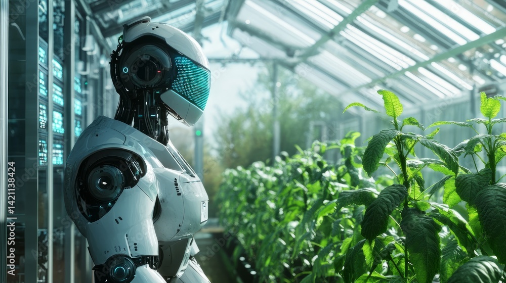 Poster futuristic robot interacting with digital panels inside an ai-managed greenhouse with uv grow lights