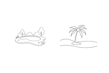 Minimalist Line Art Illustration Featuring A Pond Landscape And A Palm Tree