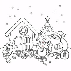 Christmas scene with Santa Claus, snowman, gingerbread house, and gifts
