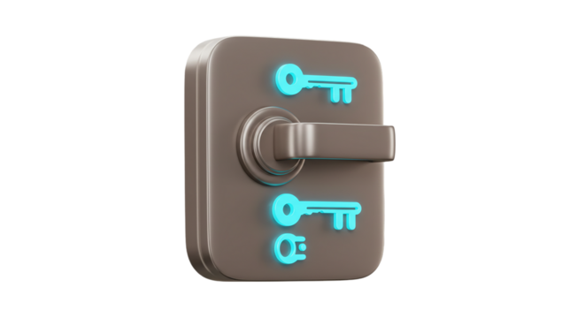 A close up of a door handle with glowing blue key icons on a black isolated background image render on transparent background