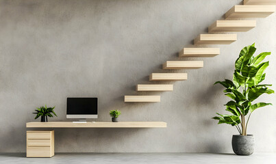 Modern Minimalist Home Office with Floating Stairs and Green Plants