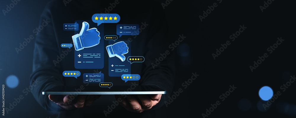 Poster digital thumbs up and rating icons floating above tablet on dark background concept.