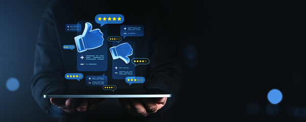 Digital thumbs up and rating icons floating above tablet on dark background concept.