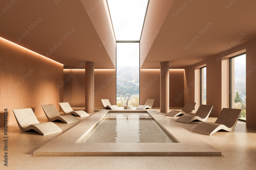 Aufkleber modern indoor spa relaxation area with minimalist loungers around a central pool and large vertical 
