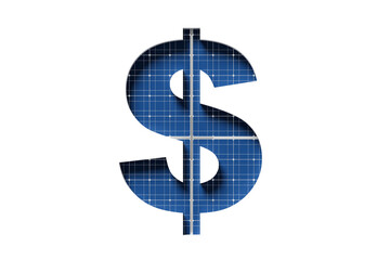 Solar panel textured dollar symbol on white background representing renewable energy investment and sustainable financial growth concept. 3D Rendering