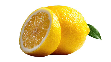 Fresh Citrus Delight: A vibrant image showcases a juicy, ripe lemon, halved to reveal its succulent interior, next to its whole counterpart. The scene celebrates the refreshing zest of citrus.