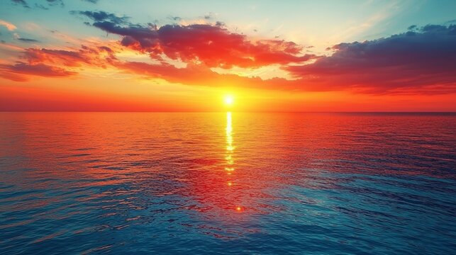 A sunset over the ocean with the sun setting in the distance