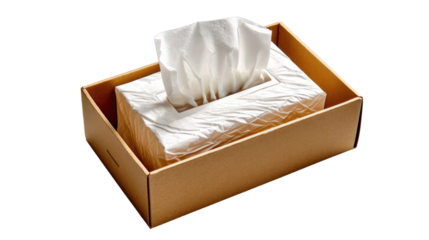 Tissue Box and Tissues: An elevated shot of a full tissue box with a stack of facial tissues neatly arranged inside, exuding a sense of freshness and cleanliness.