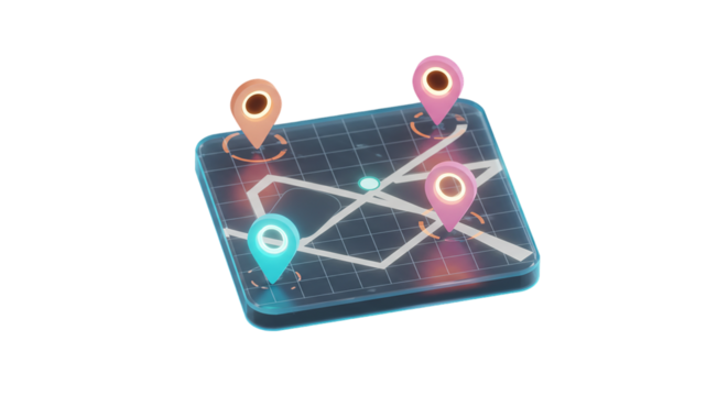 Isometric map with colored location pins and white lines on a black background in a studio shot on transparent background