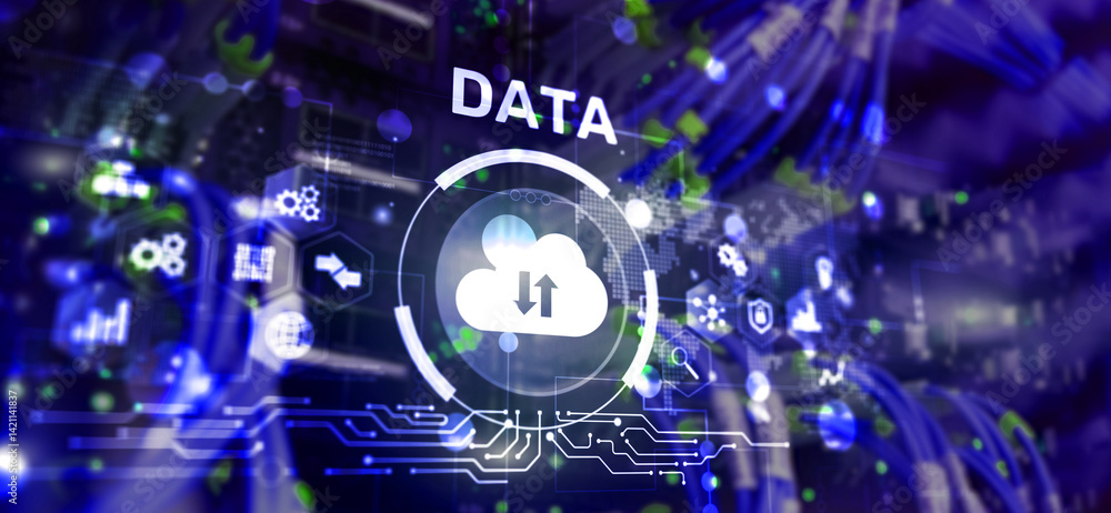Poster data internet concept. universal background for presentation. blurred server room background