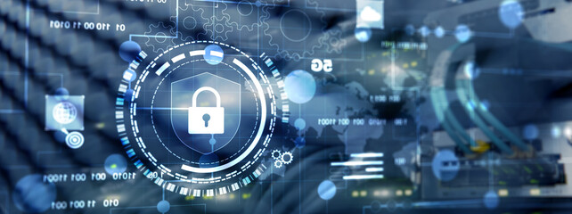 Cyber protection shield icon on server room background. Information Security 2025