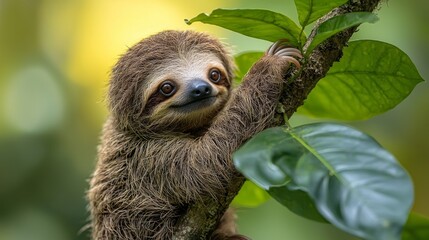 Fototapeta premium A baby sloth hanging from a tree branch