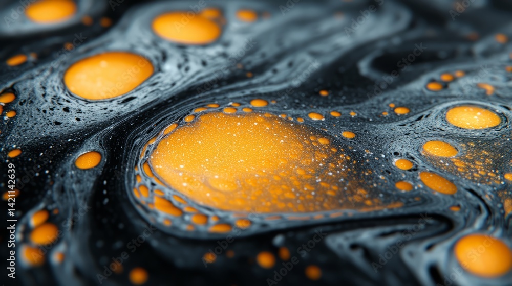 Poster close-up of vibrant orange and black abstract fluid art with dynamic swirling patterns and contrasti