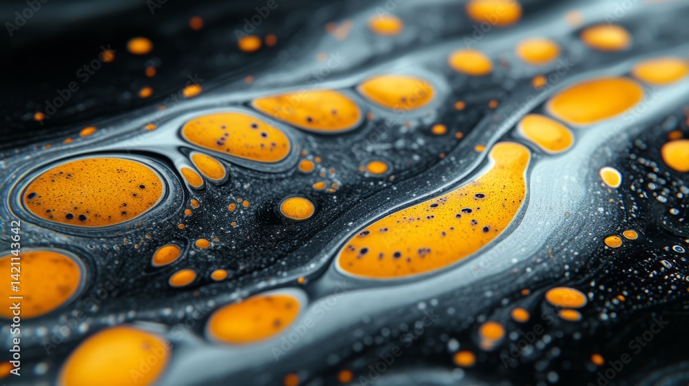 Poster close-up of vibrant orange and black abstract fluid art with dynamic swirling patterns and contrasti