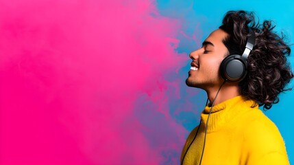 Fototapeta premium Young man enjoying music with vibrant background colors