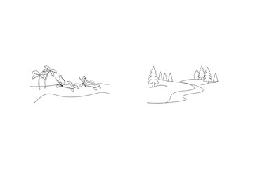 Minimalist Line Art Landscape With People Relaxing On Beach And Forest Scenery
