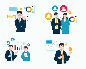 Funny business cartoon characters with various poses and elements, symbolizing strategy, teamwork, and success.