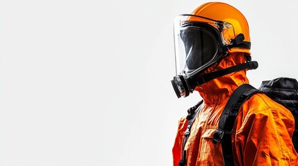 Obraz premium Protective hazmat suit worker safety equipment orange gear ppe bag job mask face back pack risk toxic