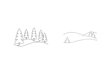 Minimalist Winter Landscape With Pine Trees On Hills Line Art