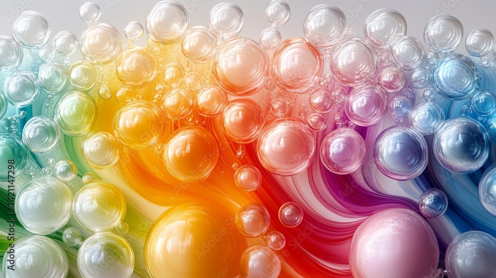 Poster colorful transparent bubbles over a swirling rainbow background, creating a vibrant and dynamic abst