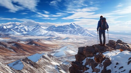 Fototapeta premium A hiker standing on a rocky ledge, looking out over the expansive snow-covered landscape with distant mountain peaks rising majestically into the sky.