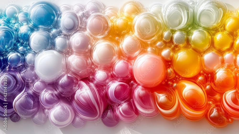 Poster colorful transparent bubbles over a swirling rainbow background, creating a vibrant and dynamic abst