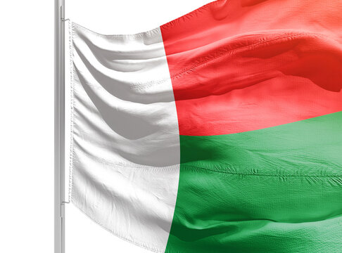 Madagascar  national flag waving on white background. Flag waving with clipping path easily cutout. Madagascar national flag for independence day.