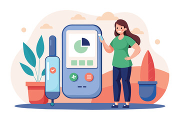 Cartoon illustration of a woman using a glucose monitoring device, promoting health awareness and diabetes management. Features technology, health, and care concepts in a colorful style.