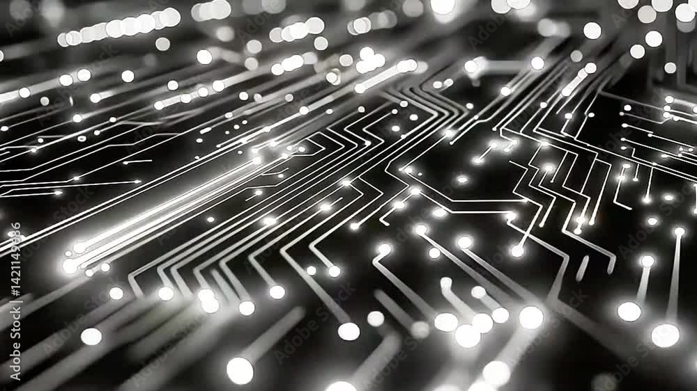 Poster technology circuit board with glowing light paths animation for futuristic innovation concepts