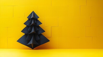 A black origami christmas tree on a yellow background