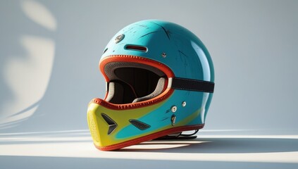 Fototapeta premium Stylish Turquoise and Yellow Motocross Helmet with Scratches