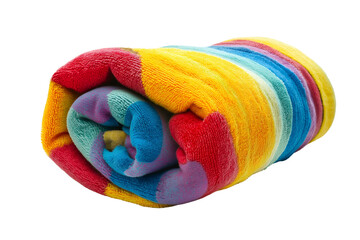 A colorful beach towel rolled up isolated on a white background