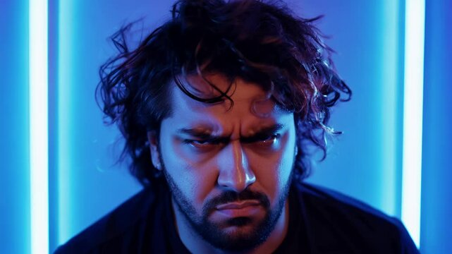 Close-up of a man with a distinct unibrow and wild, untamed hair expressing fierce irritation, simple electric blue background, static video, harsh neon light