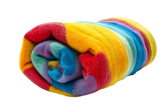 A colorful beach towel rolled up isolated on a white background