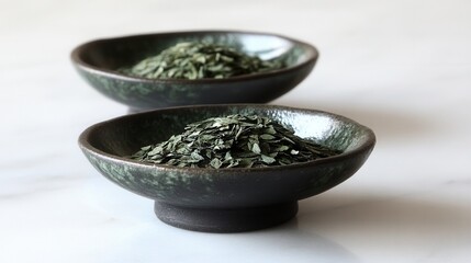 Dried green tea leaves in small bowls