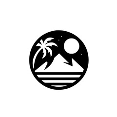 Minimalist Island Sunset Silhouette, Circle Emblem