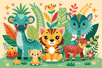 Naklejka premium Vibrant cartoon illustration of jungle animals surrounded by colorful leaves and flowers, featuring playful and friendly expressions creating a joyful and whimsical atmosphere.