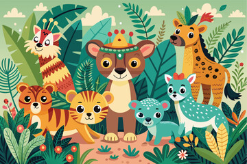 Naklejka premium Vibrant illustration of cute cartoon jungle animals in a lush tropical forest setting, showcasing diverse wildlife and playful expressions.