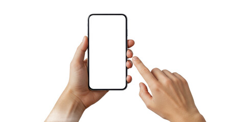 Hands holding a smartphone with a blank white screen ready for content and a finger about to tap it