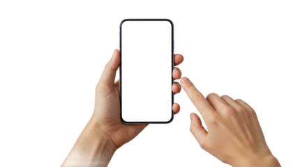 Hands holding a smartphone with a blank white screen ready for content and a finger about to tap it