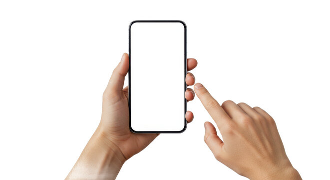 Hands holding a smartphone with a blank white screen ready for content and a finger about to tap it