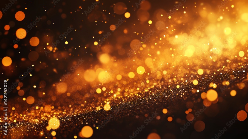 Poster abstract golden glitter bokeh background with glowing particles and lights.