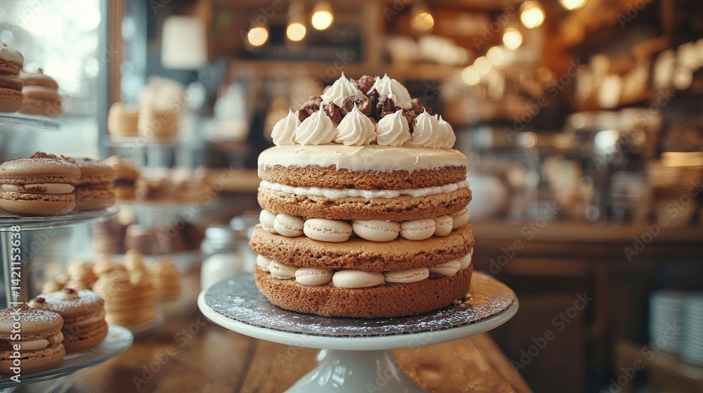 Poster beautifully crafted layered cake with cream frosting displayed in a cozy caf? setting