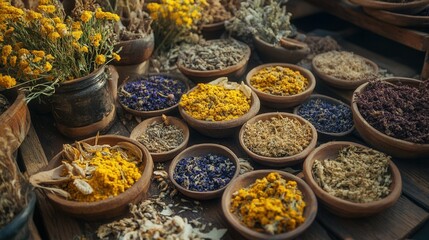 Fototapeta premium Dried herbs and flowers in small bowls (6)