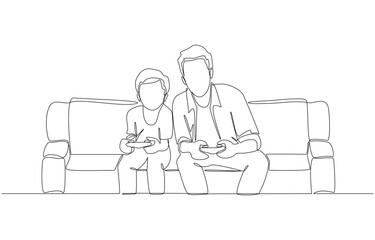 Continuous one line drawing of father playing video games with son, bonding through gaming concept, single line art