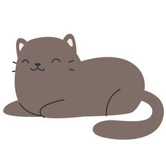 Funny gray cartoon cat in thinking pose with paw on mouth, adorable flat vector illustration.

