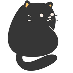Simple cartoon black cat with round body and curled tail in flat cute style, isolated on white.