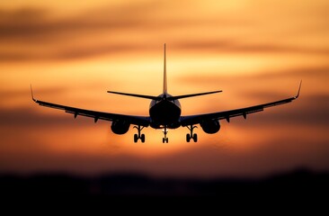 A large passenger jet flying through a cloudy sky at sunset
