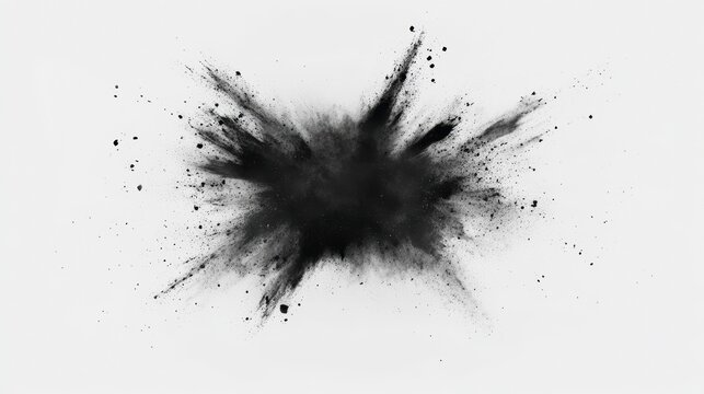 Black powder explosion on white background.