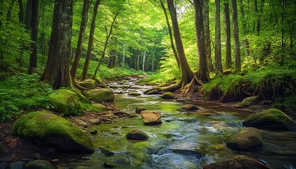 Sunlit forest stream with moss-covered tree roots and flowing water in lush green woods